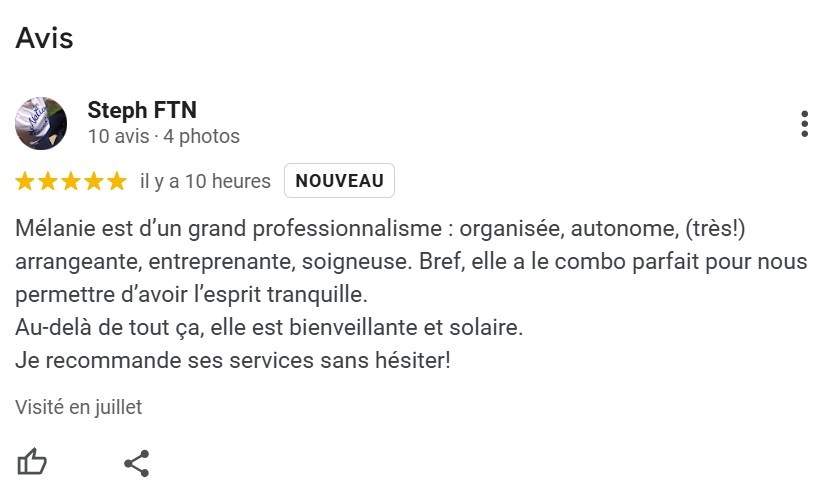 Avis google certifié d'une cliente de la conciergerie de Figeac de Mélanie PIART