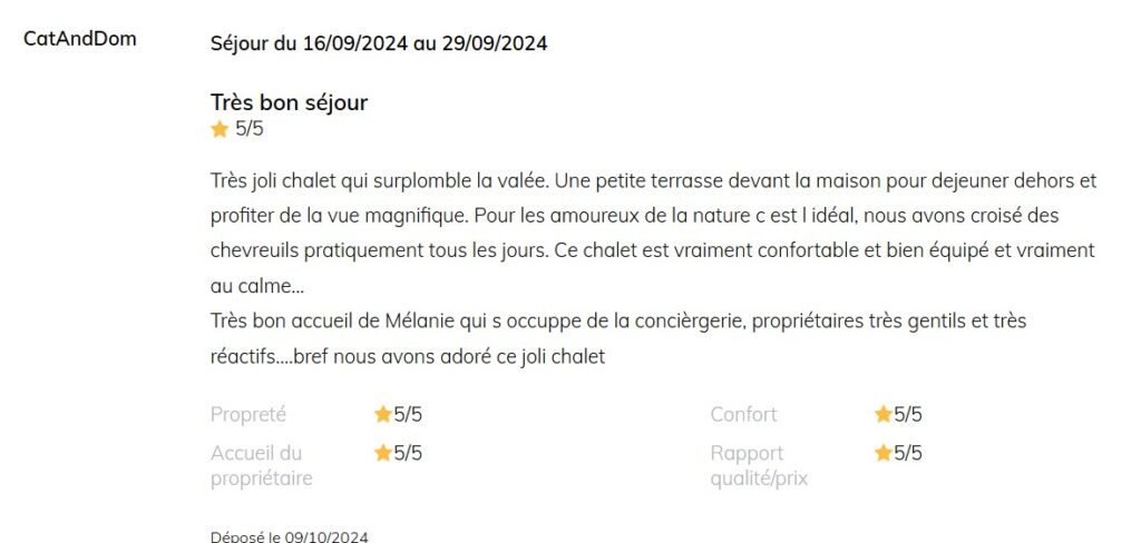 Avis de Catherine sur Gite de france sur les prestations des clés de la tranquilité.